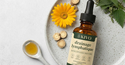 Flacon Kivo drainage lymphatique pose sur une assiette avec des plantes